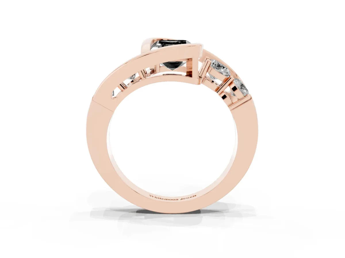 Fancy Black Bezel Set Emerald Cut Diamond Bypass Ring with Round Accents Rose gold