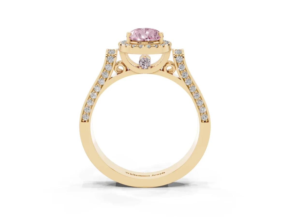 Fancy Pink Pear Cut Halo Pave Split Shank Prong Setting Ring Yellow gold