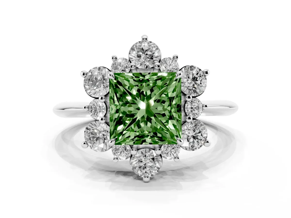 Fancy Green Princess Cut Diamond Cluster Halo Ring with Solitaire Band and Four-Prong Setting Platinum