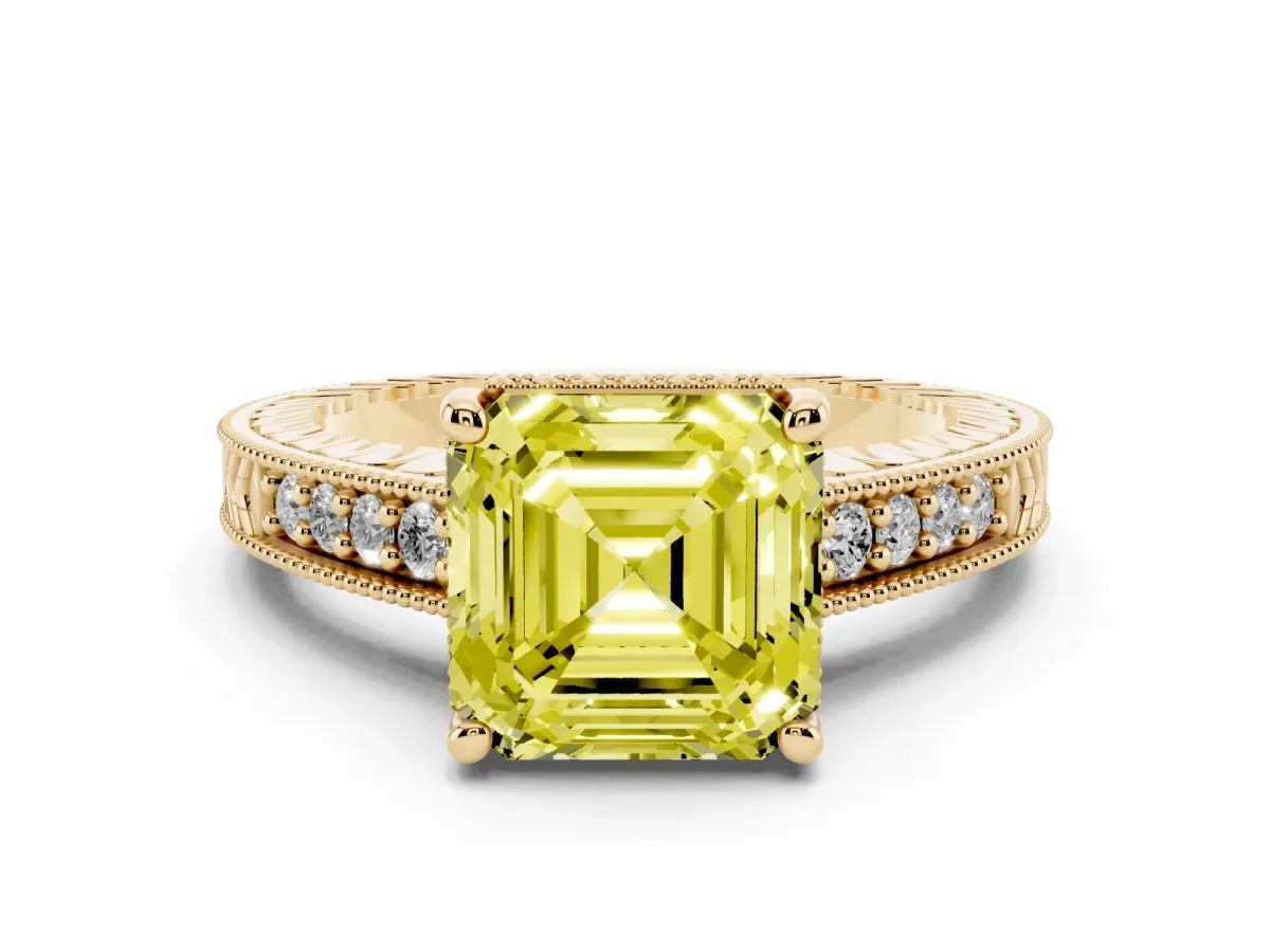 Fancy Yellow Asscher Cut Solitaire Pavé Diamond Milgrain Engagement Ring with Four-Prong Setting Yellow gold