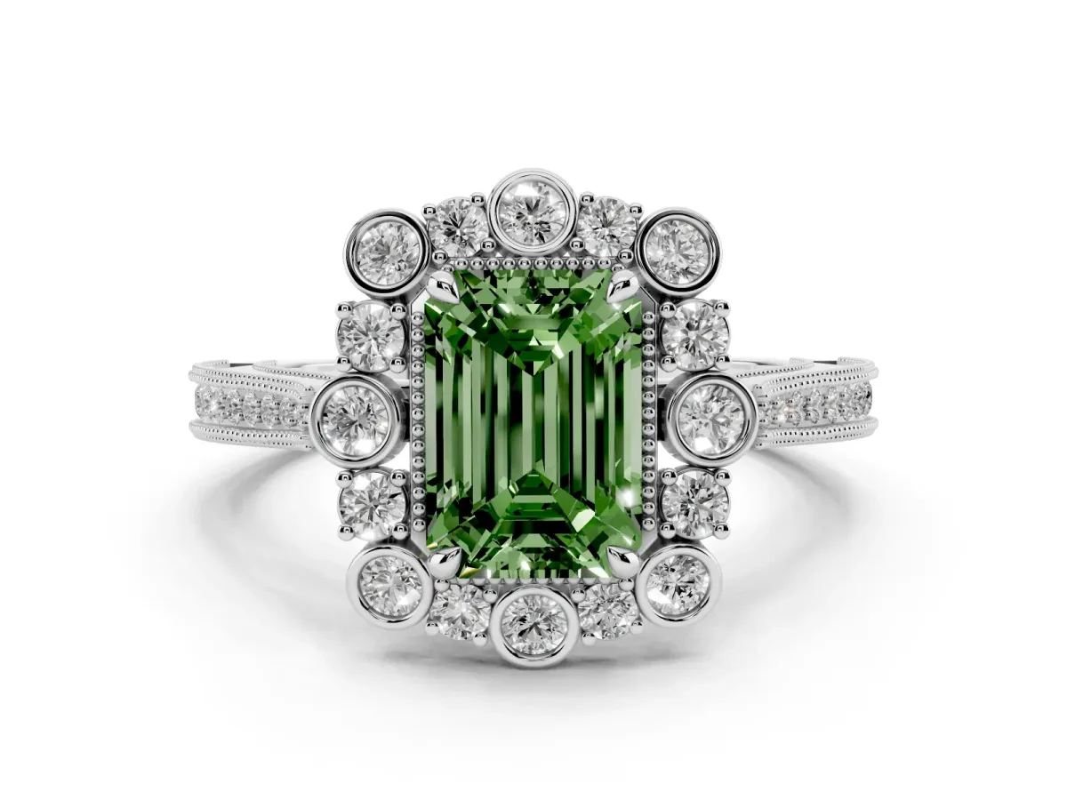 Fancy Green Emerald Cut Halo Milgrain Pave Diamond Ring with Four-Prong Setting Silver