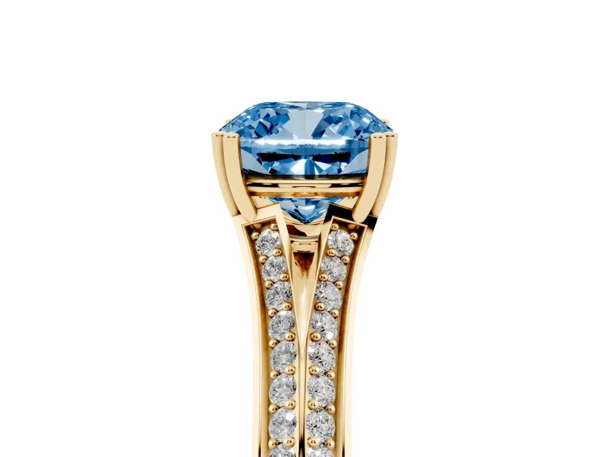 Fancy Blue Cushion Cut Diamond Split Shank Engagement Ring with Pavé Band Yellow gold