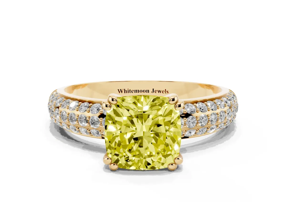 Fancy Yellow Cushion Cut Diamond Solitaire Ring with Multi-Row Round Pavé Band and Prong Setting Yellow gold