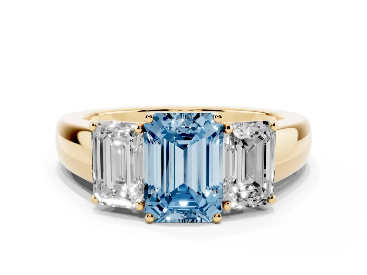 Fancy Blue Three-Stone Emerald Cut Cut Diamond Ring with Prong Setting and Classic Band Yellow gold