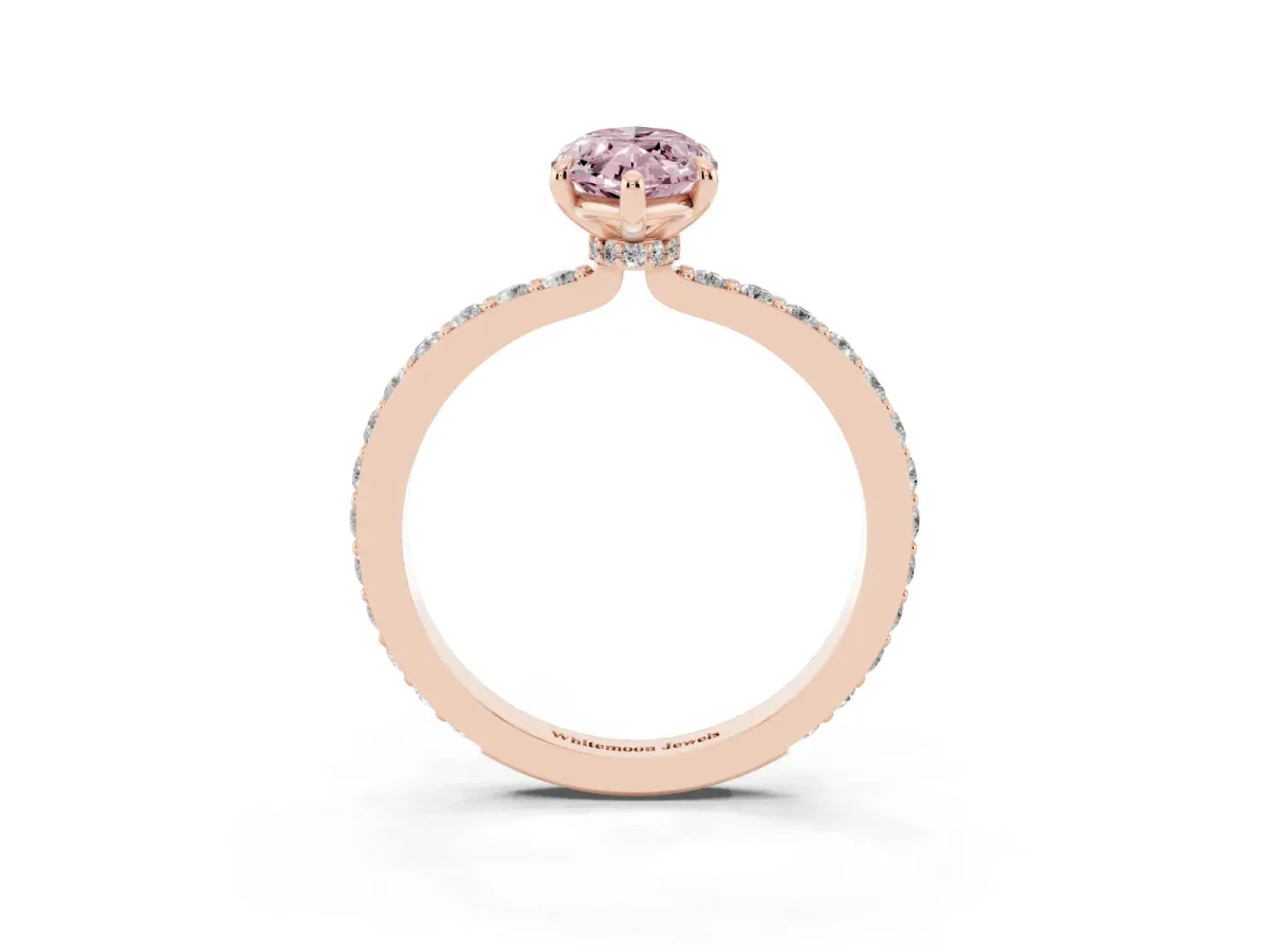 Fancy Pink Marquise Cut Diamond Pavé Engagement Ring with Round Accents and Prong Setting Rose gold