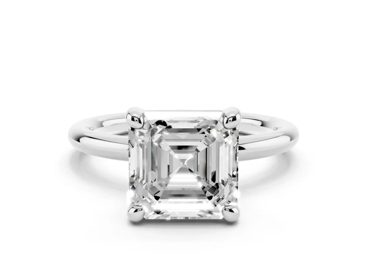 Asscher Cut Solitaire Diamond Ring with Four-Prong Setting on a Plain Band Platinum