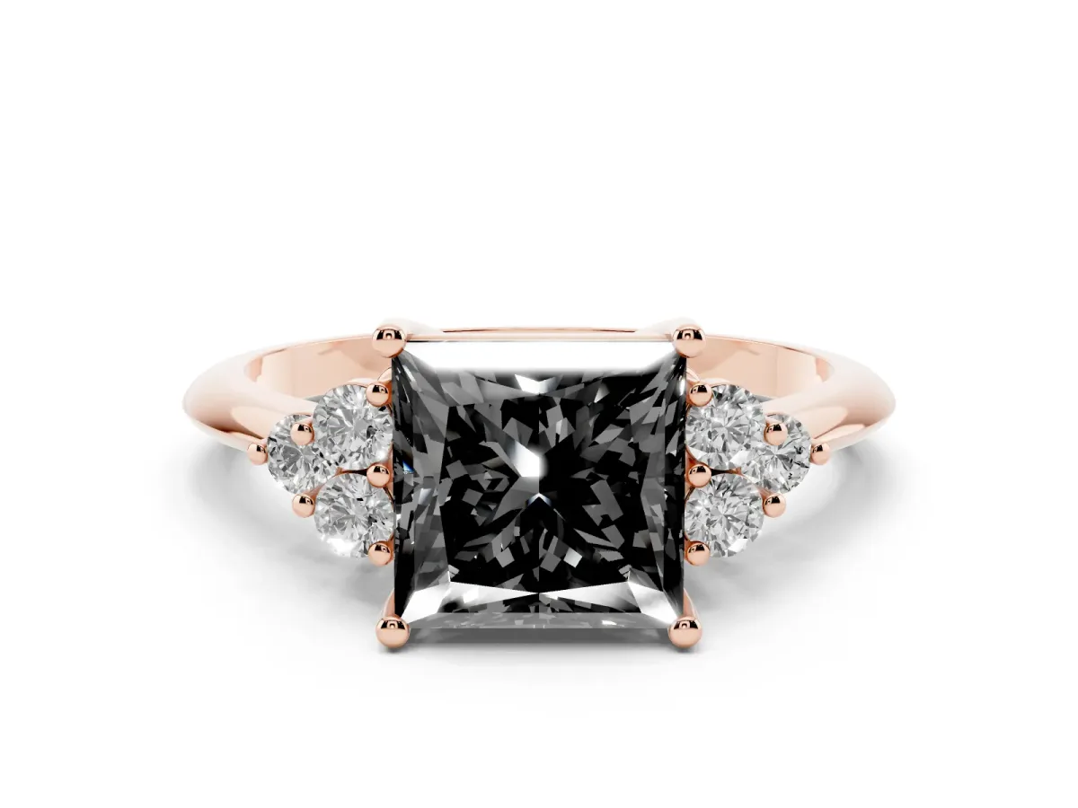 Fancy Black Princess Cut Cut Diamond Cluster Ring with Solitaire Band and Four-Prong Setting Rose gold