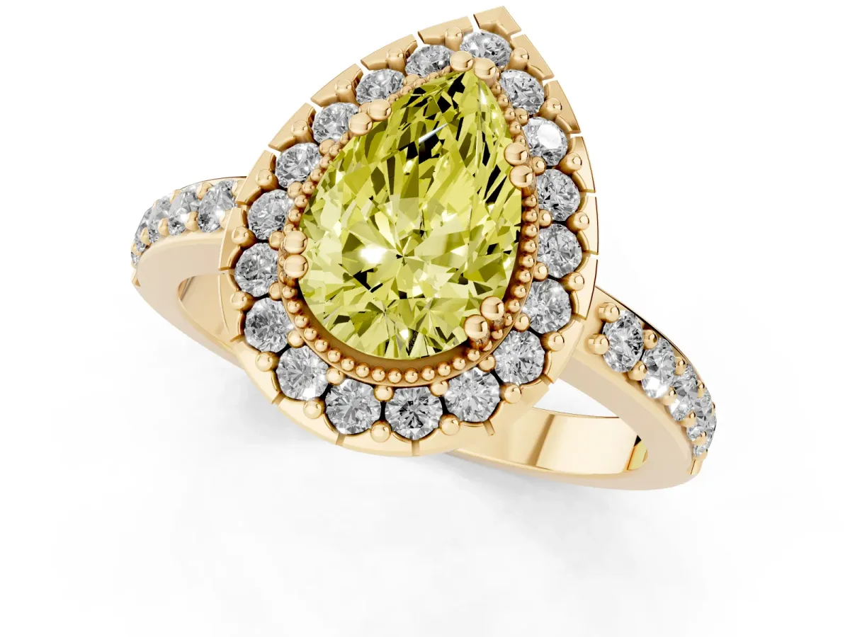 Fancy Yellow Pear Cut Diamond Halo Ring with Pavé Band and Prong Setting Yellow gold