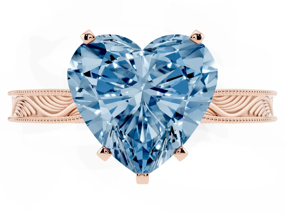 Fancy Blue Heart Cut Solitaire Milgrain Engraved Band with Four-Prong Setting Rose gold