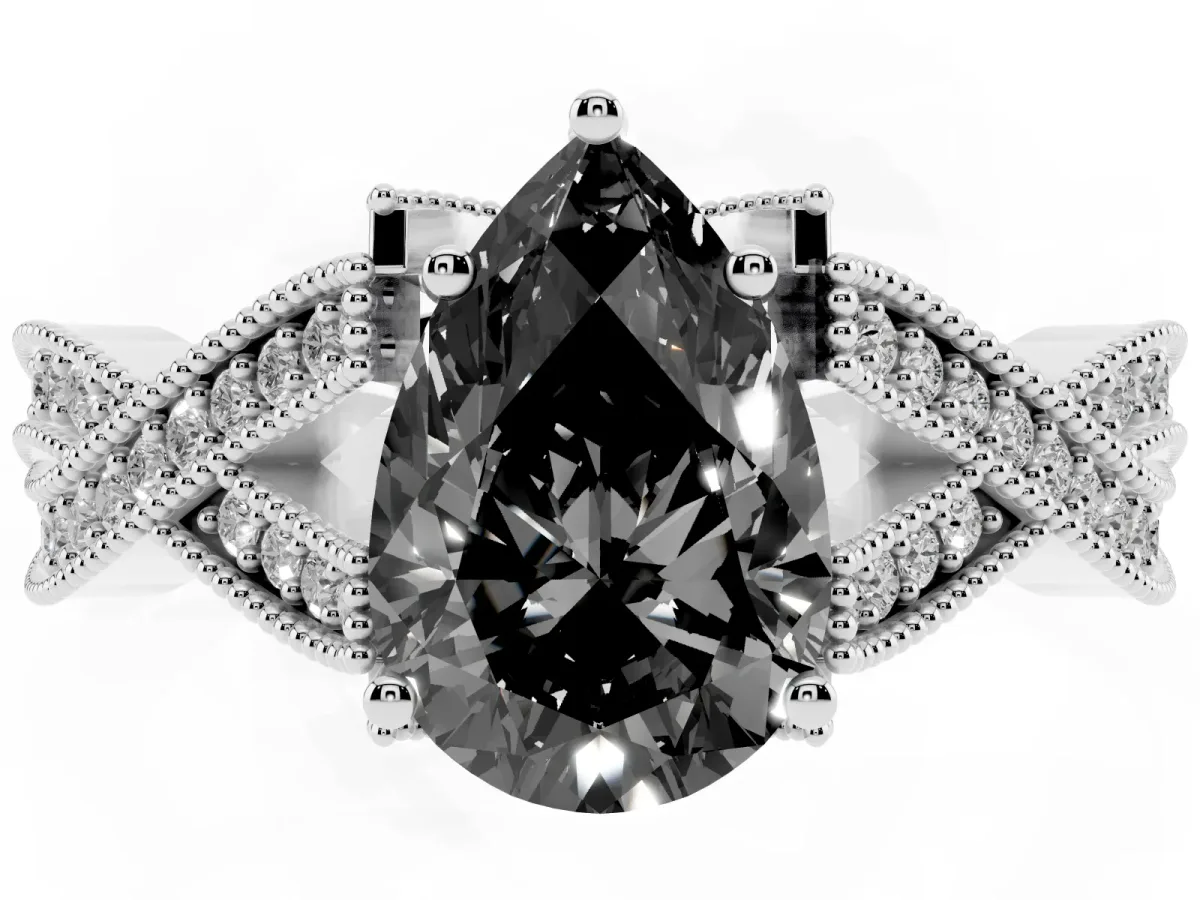 Fancy Black Pear Cut Cut Diamond Twisted Band with Milgrain Pave Setting and Four-Prong Setting Silver