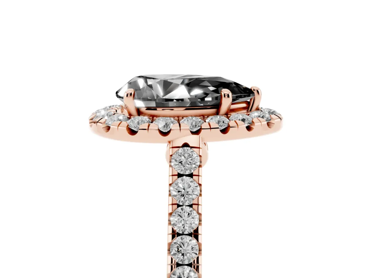 Fancy Black Pear Cut Halo Pave Diamond Engagement Ring with Four-Prong Setting Rose gold