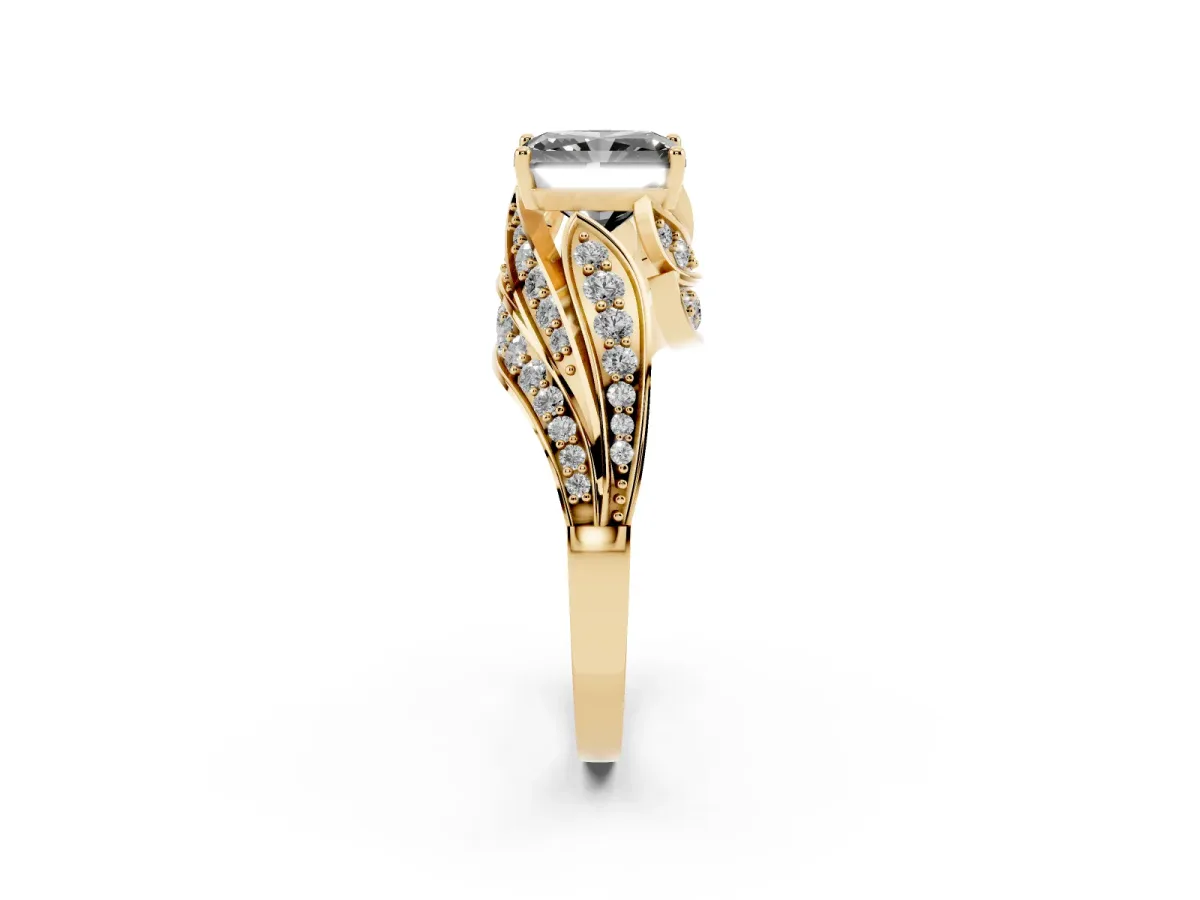 Fancy Black Radiant Cut Diamond Solitaire Ring with Prong Setting and Twisted Pavé Band Yellow gold