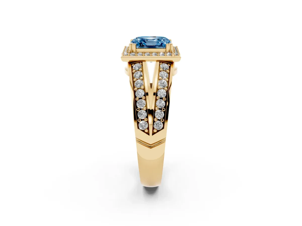 Fancy Blue Asscher Cut Diamond Halo Ring with Split Shank Pavé Band and Four-Prong Setting Yellow gold
