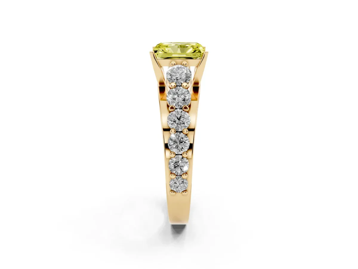 Fancy Yellow Radiant Cut Diamond Engagement Ring with Pavé Band and Four-Prong Setting Yellow gold