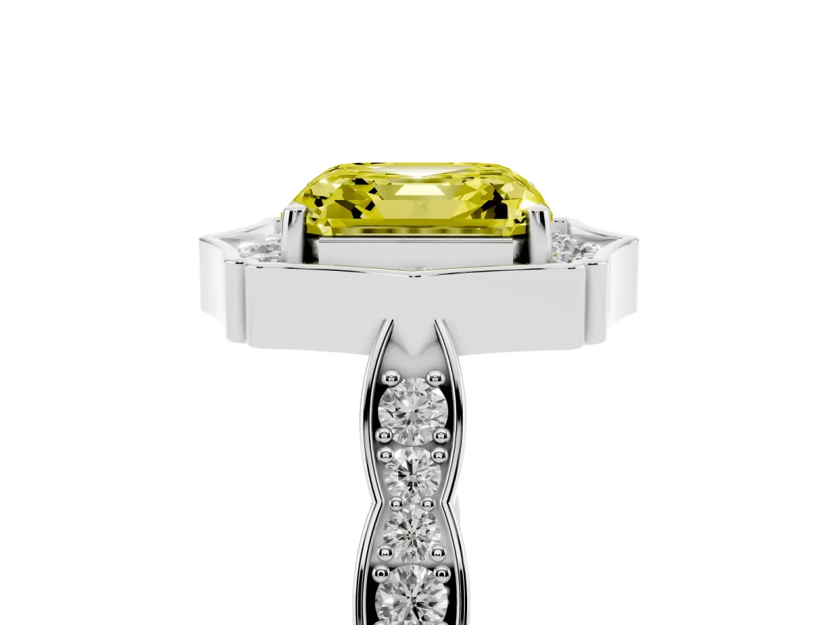 Fancy Yellow Asscher Cut Halo Diamond Engagement Ring with Milgrain Band and Four-Prong Setting White gold