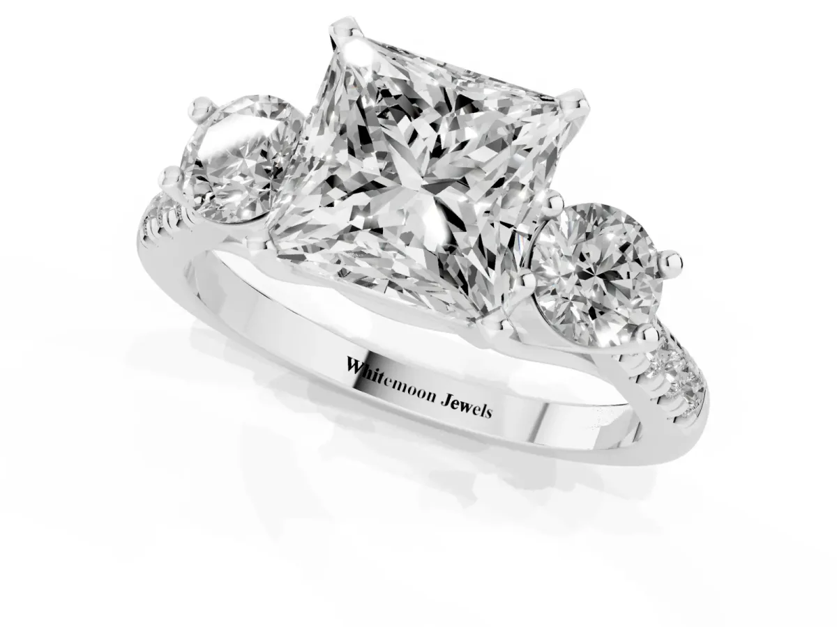 Three-Stone Princess Cut Diamond Pavé Band with Four-Prong Setting Silver