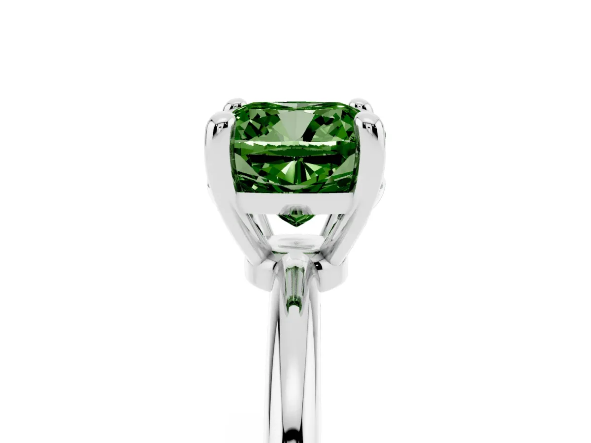 Fancy Green Cushion Cut Solitaire Diamond Ring with 4-Prong Setting on a Classic Band Silver