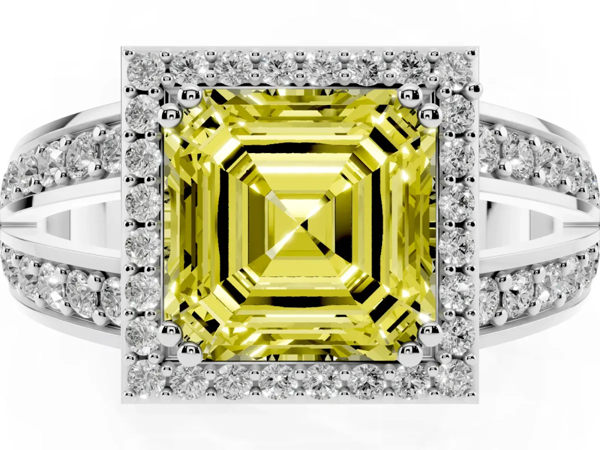 Fancy Yellow Asscher Cut Diamond Halo Ring with Split Shank Pavé Band and Four-Prong Setting Silver