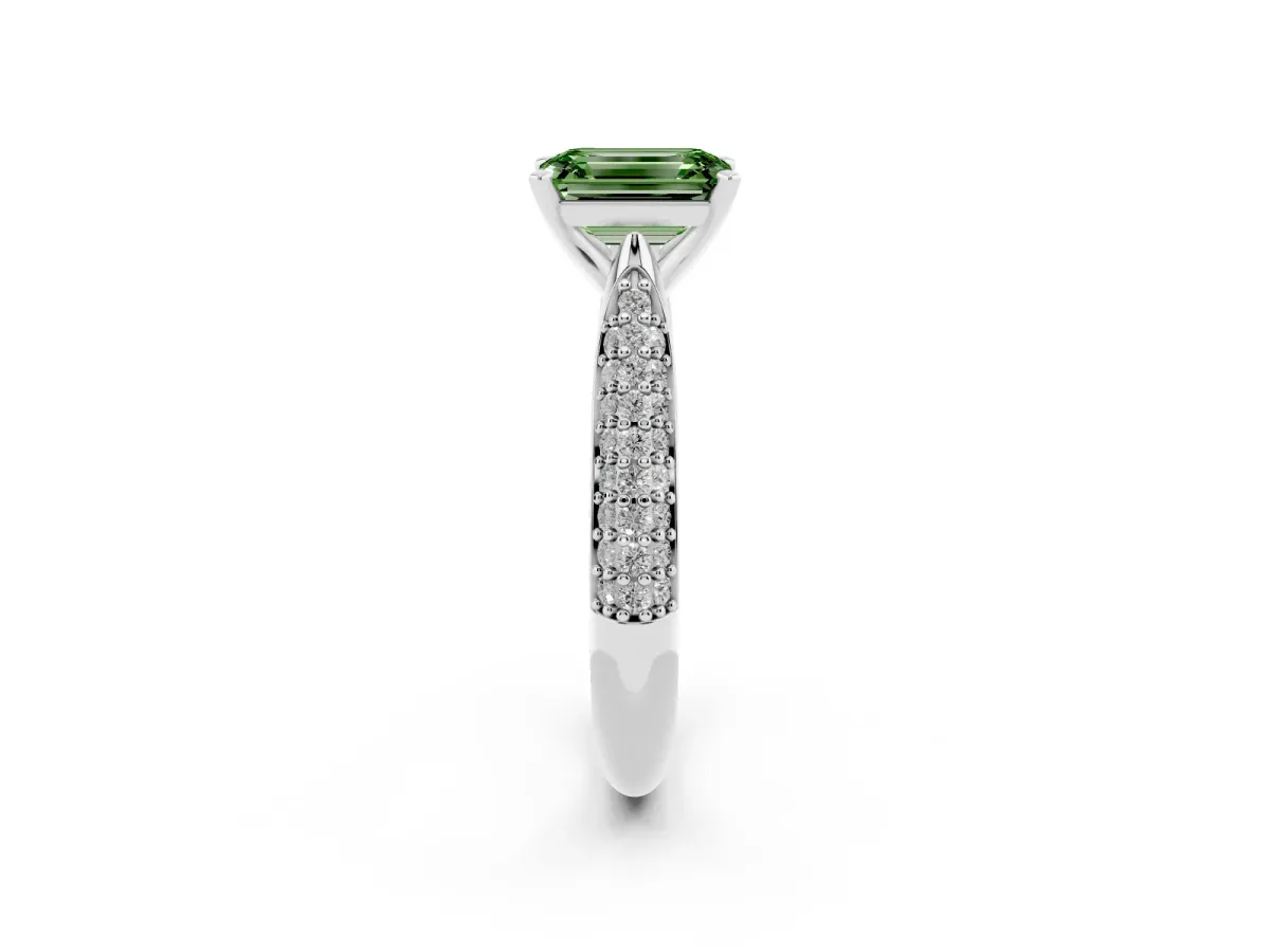 Fancy Green Emerald Cut Diamond Solitaire Engagement Ring with Multi-Row Round Pavé Band and Prong Setting Silver