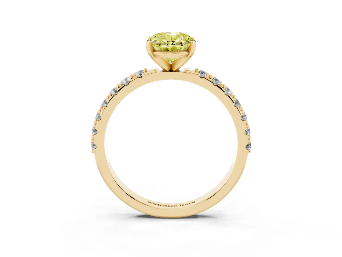 Fancy Yellow Oval Cut Diamond Solitaire Pavé Band with Four-Prong Setting Yellow gold