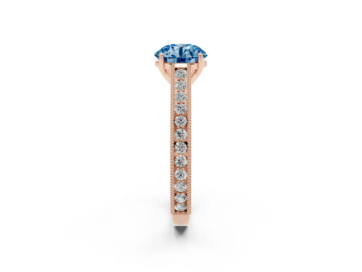 Fancy Blue Round Cut Cut Pave Band Milgrain Solitaire Ring Rose gold