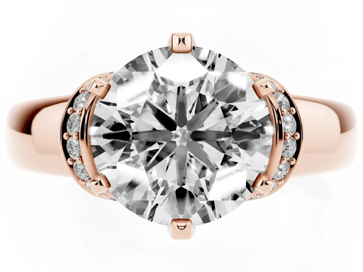 Round Cut Solitaire Diamond Ring with Pave Band and Six-Prong Setting Rose gold