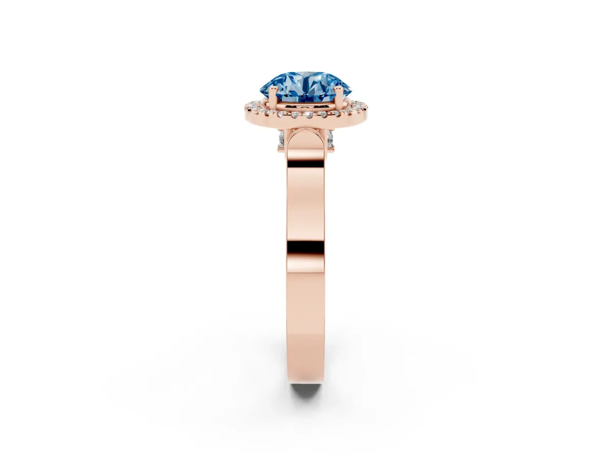 Fancy Blue Round Cut Halo Round Diamond Twist Band with Four-Prong Setting Rose gold