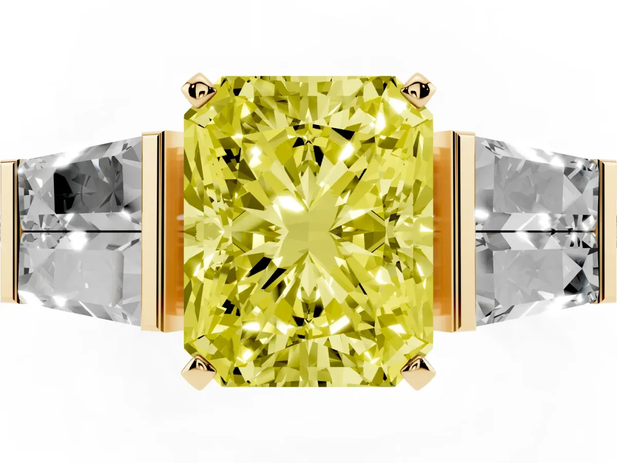 Fancy Yellow Radiant Cut Diamond Engagement Ring with Baguette Side Stones and Channel Set Band Yellow gold