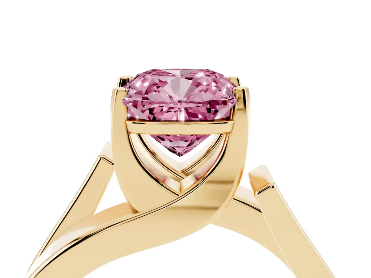 Fancy Pink Modern Tension Set Cushion Cut Diamond Solitaire Wide Band Ring Yellow gold