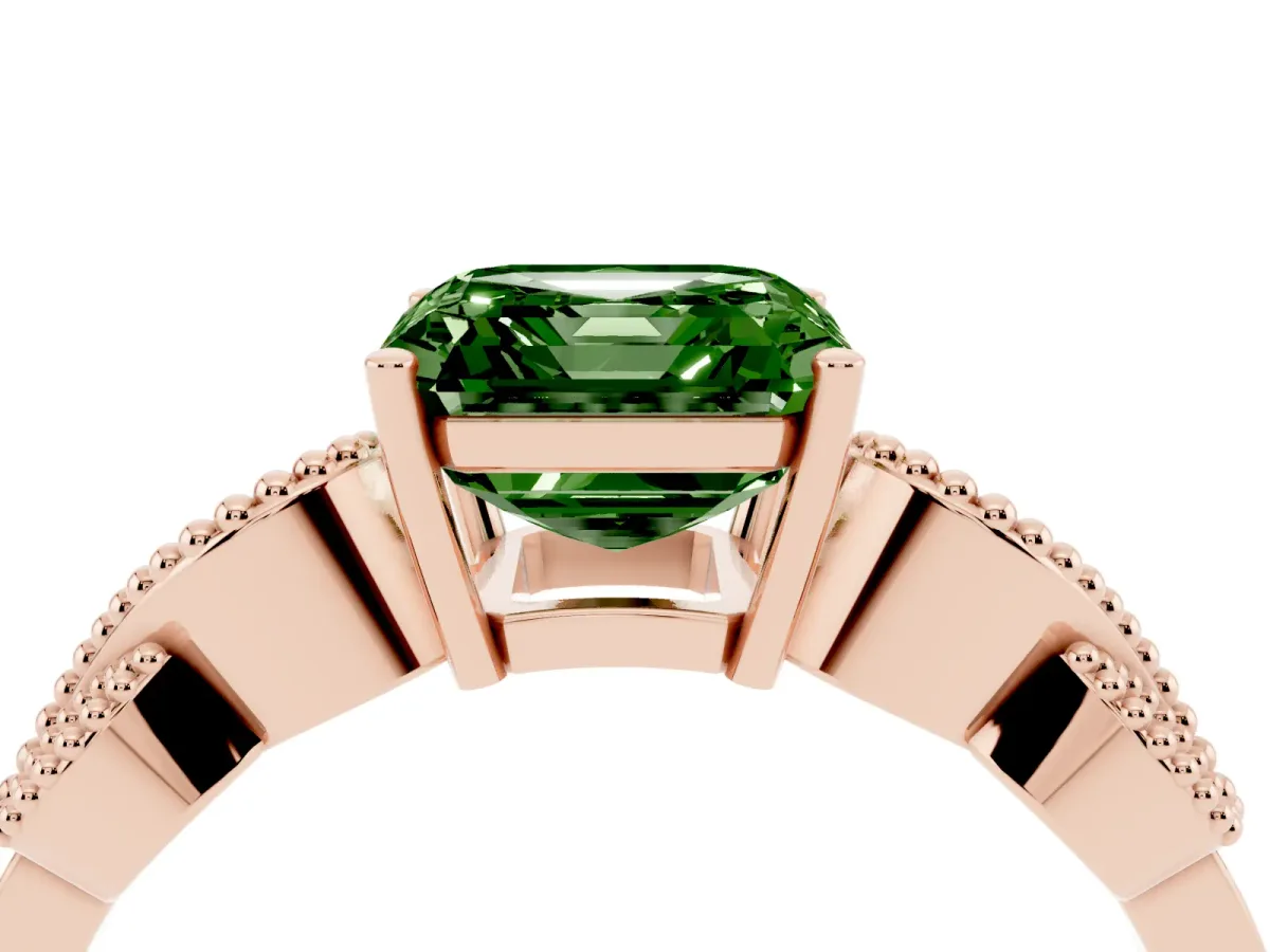 Fancy Green Asscher Cut Solitaire Milgrain Leaf Band with Prong Setting Rose gold