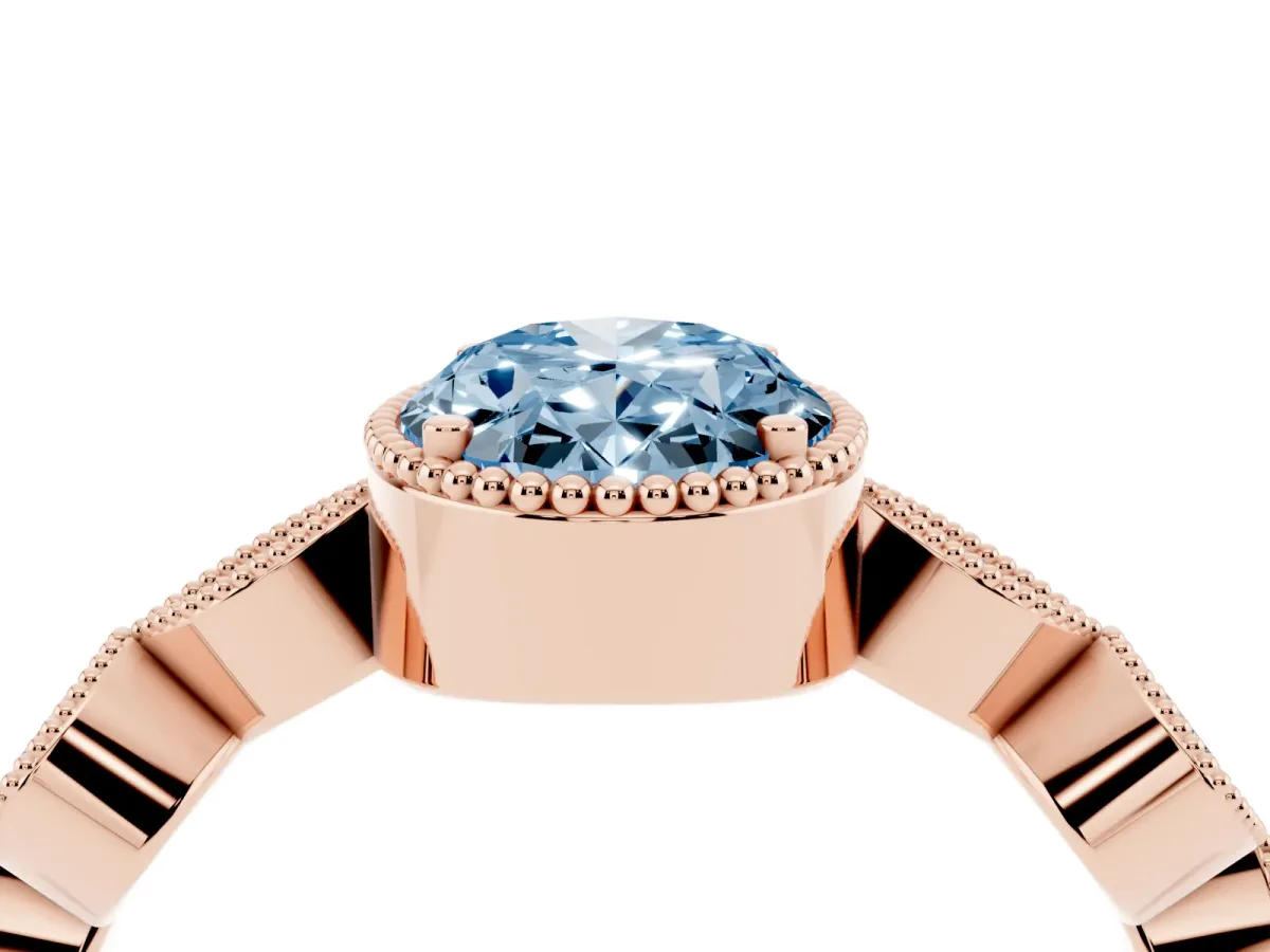 Fancy Blue Oval Cut Diamond Vintage Milgrain Ring with Round Stations Rose gold