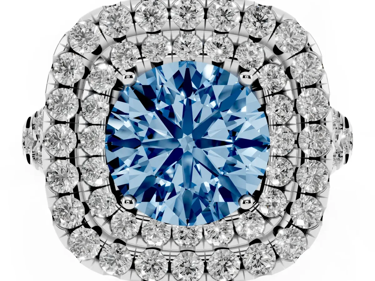 Fancy Blue Double Halo Round Cut Diamond Pavé Split Shank Ring with Prong Setting White gold