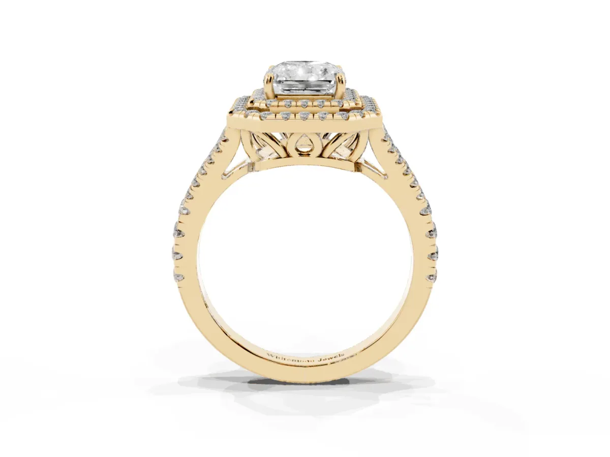Radiant Cut Diamond Double Halo Ring with Pavé Band and Prong Setting Yellow gold