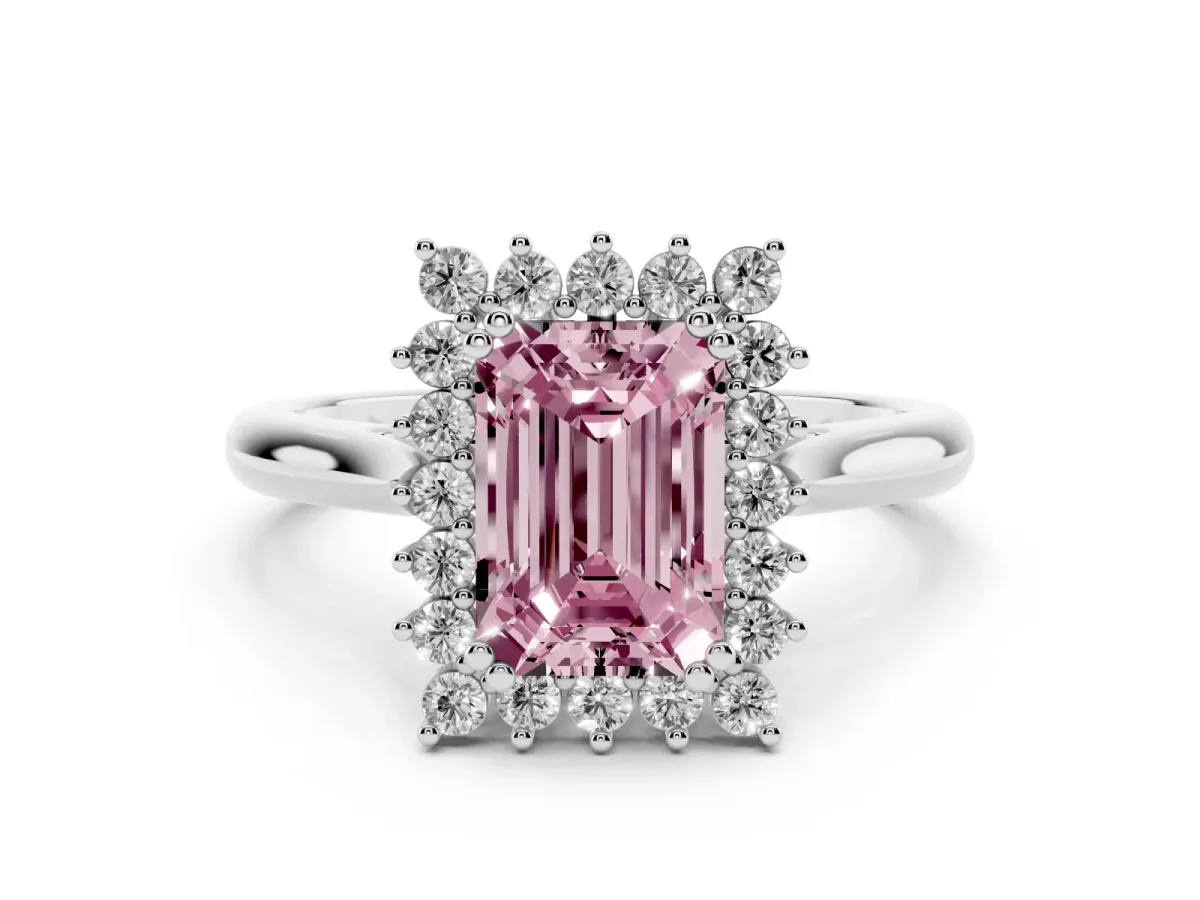 Fancy Pink Emerald Cut Cut Diamond Halo Ring with Solitaire Band and Prong Setting Platinum