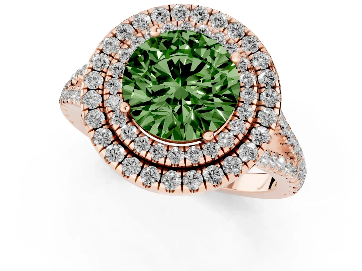 Fancy Green Round Cut Diamond Double Halo Ring with Pavé Band and Prong Setting Rose gold