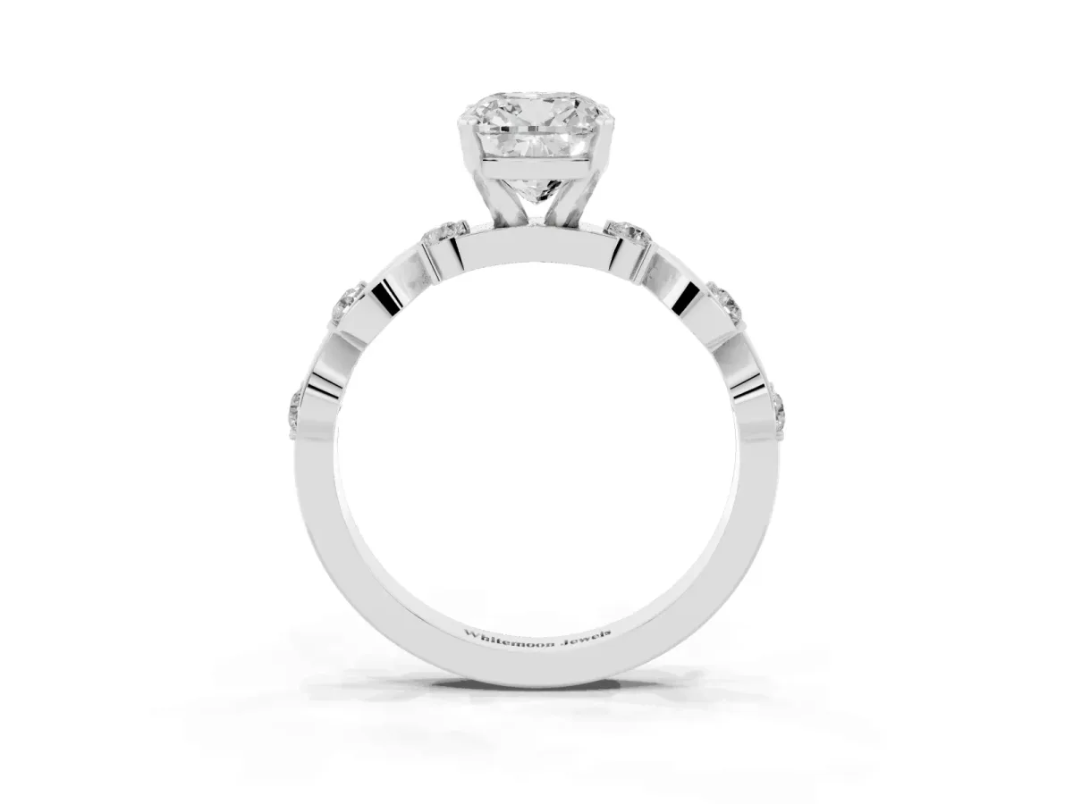 Cushion Cut Diamond Solitaire Twisted Band with Round Accents and Prong Setting White gold