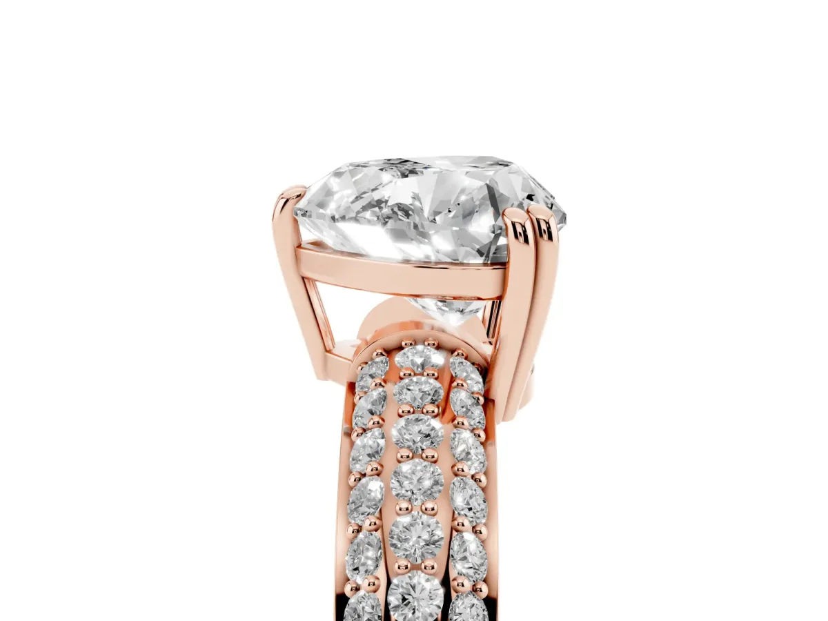 Heart Cut Diamond Solitaire Ring with Multi-Row Round Pavé Band and Prong Setting Rose gold