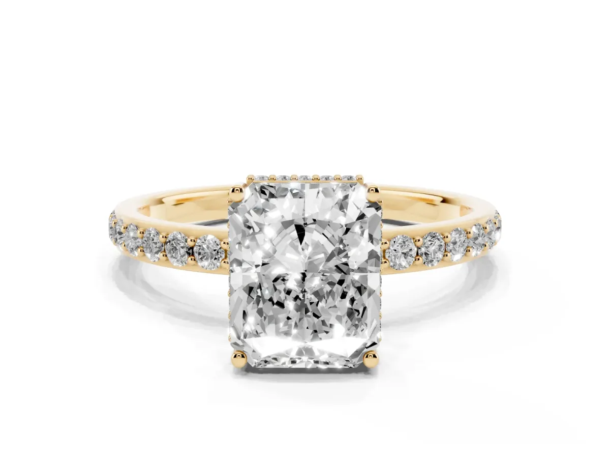 Radiant Cut Diamond Solitaire Ring with Pavé Band and Hidden Halo Yellow gold