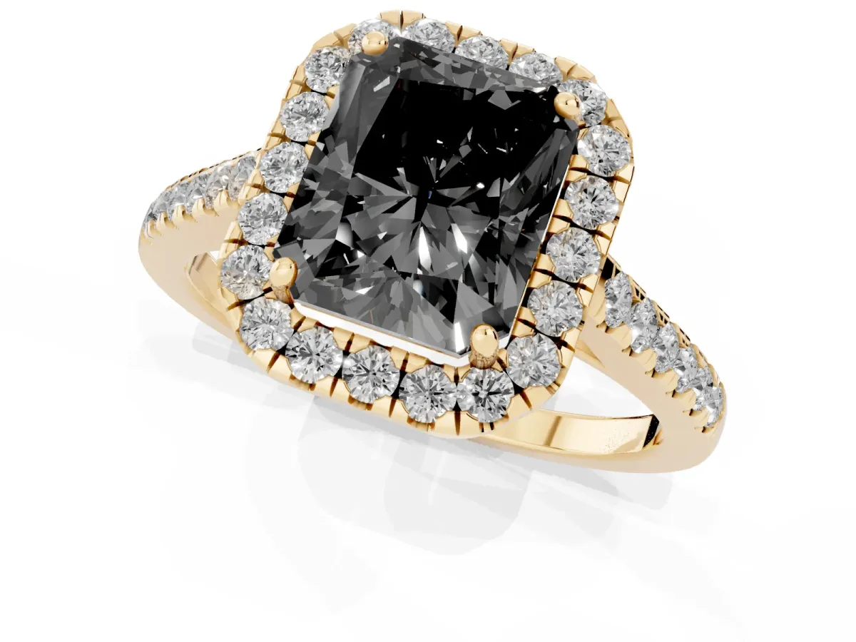 Fancy Black Radiant Cut Halo Pave Diamond Engagement Ring with Four-Prong Setting Yellow gold