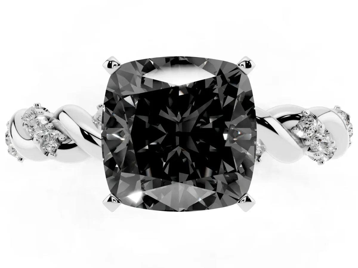 Fancy Black Cushion Cut Diamond Solitaire Ring with Twisted Band and Pavé Accents White gold