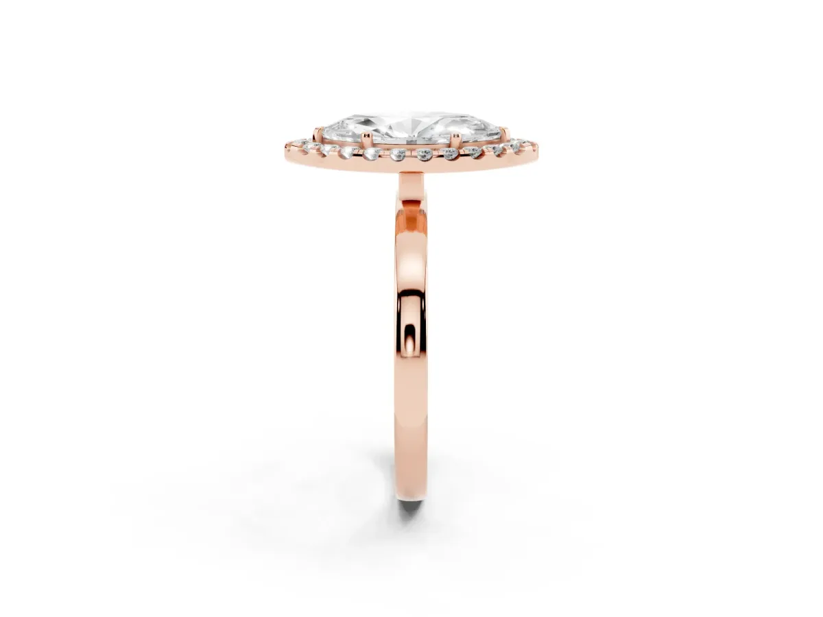 Marquise Cut Halo Diamond Solitaire with Pavé Band and Four-Prong Setting Rose gold