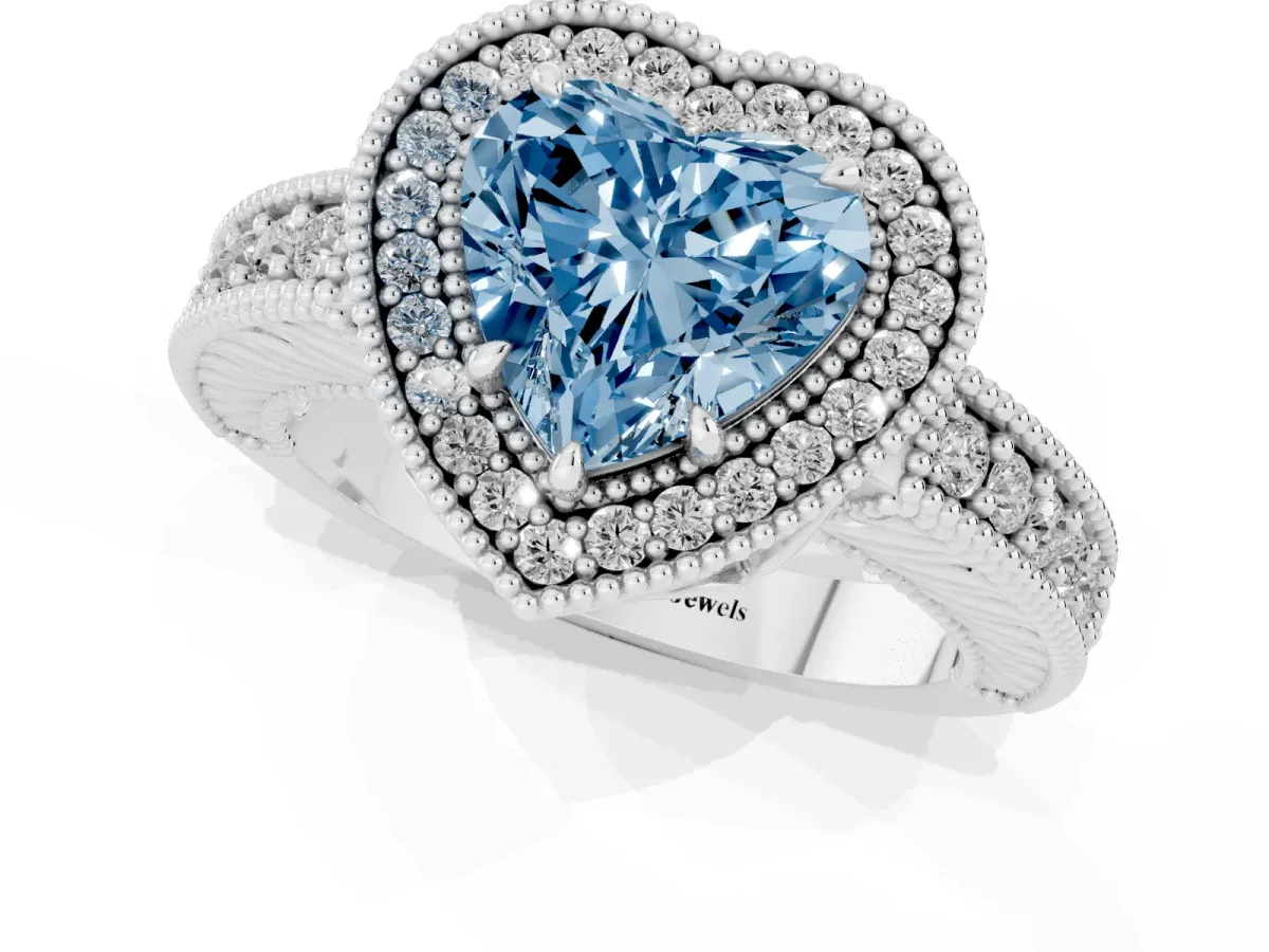 Fancy Blue Heart Cut Cut Halo Diamond Ring with Pavé Band and Four-Prong Setting Silver