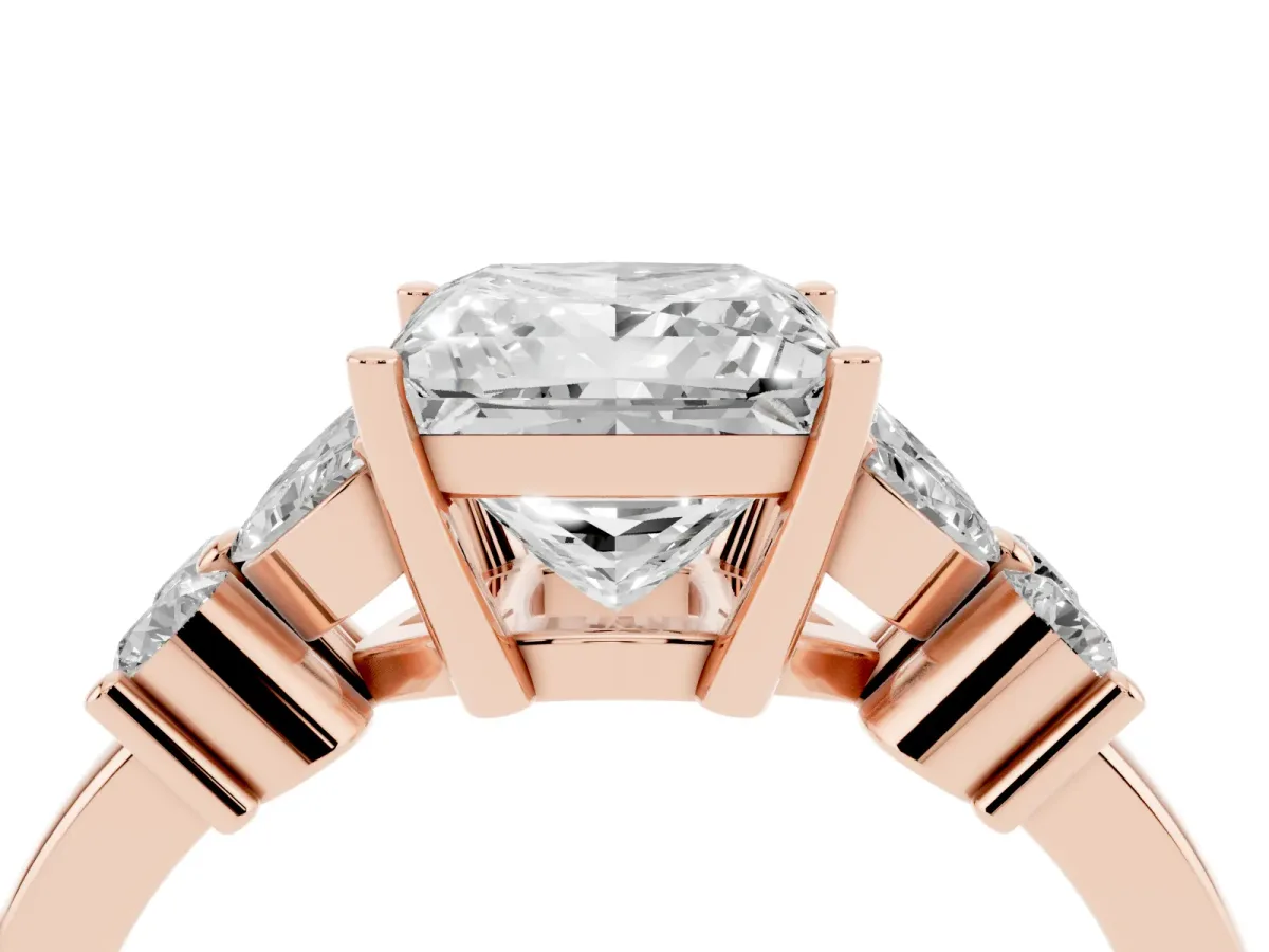 Princess Cut Diamond Floral Cluster Ring with Solitaire Band and Prong Setting Rose gold