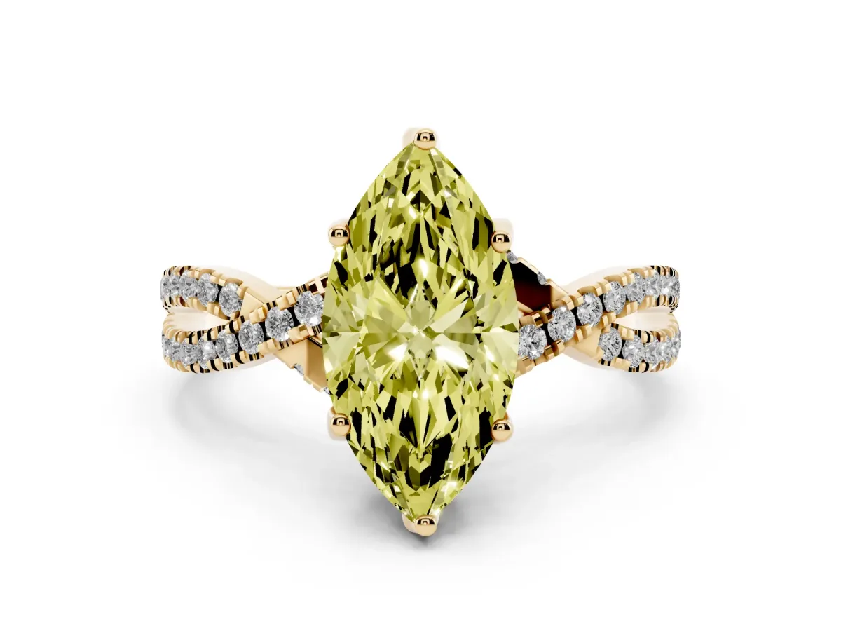 Fancy Yellow Marquise Cut Solitaire Twist Pave Diamond Engagement Ring with Prong Setting Yellow gold