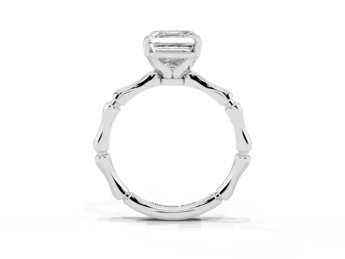 Asscher Cut Solitaire Diamond Ring with Bamboo Band and Four-Prong Setting Silver