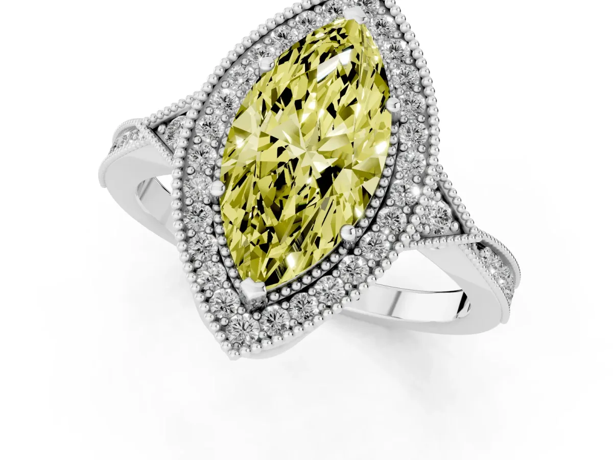 Fancy Yellow Marquise Cut Halo Round Diamond Milgrain Pave Engagement Ring Silver