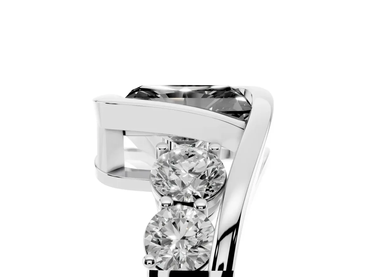 Fancy Black Bezel Set Radiant Cut Diamond Bypass Ring with Round Accents Silver