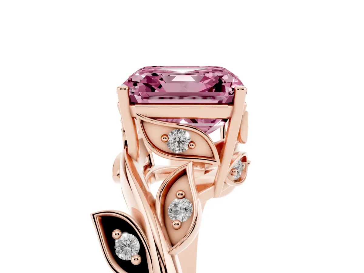 Fancy Pink Asscher Cut Solitaire Twist Engagement Ring with Leaf Accents and Prong Setting Rose gold