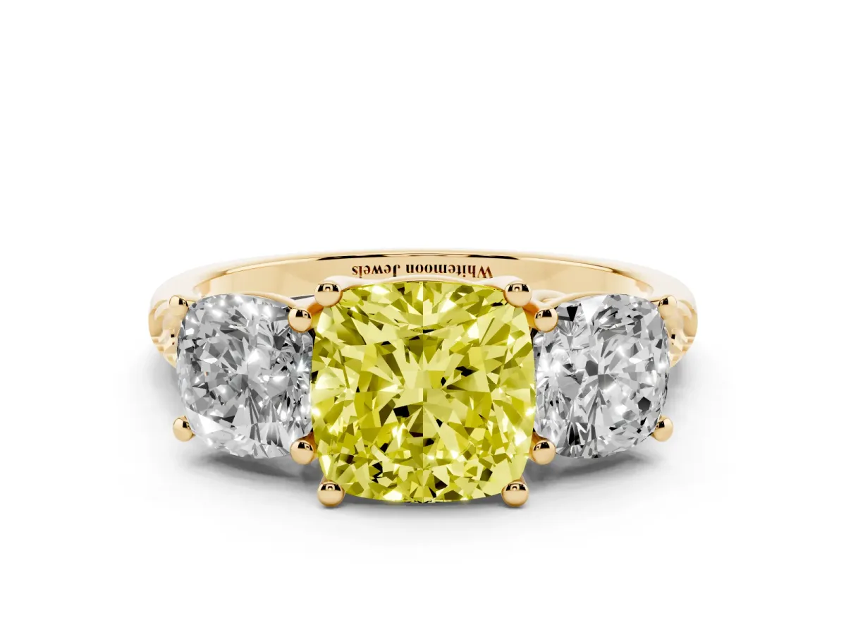 Fancy Yellow Three-Stone Cushion Cut Diamond Ring with Round Pavé Band and Prong Setting Yellow gold