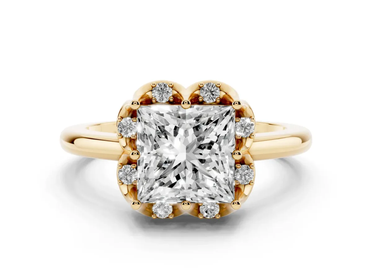 Princess Cut Halo Diamond Ring with Round Cluster Setting, Solitaire Band, and Four-Prong Setting Yellow gold